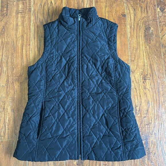 Croft & Barrow Small Black Quilted Vest Pockets Full Zip Blue Lining Textured - Picture 1 of 4